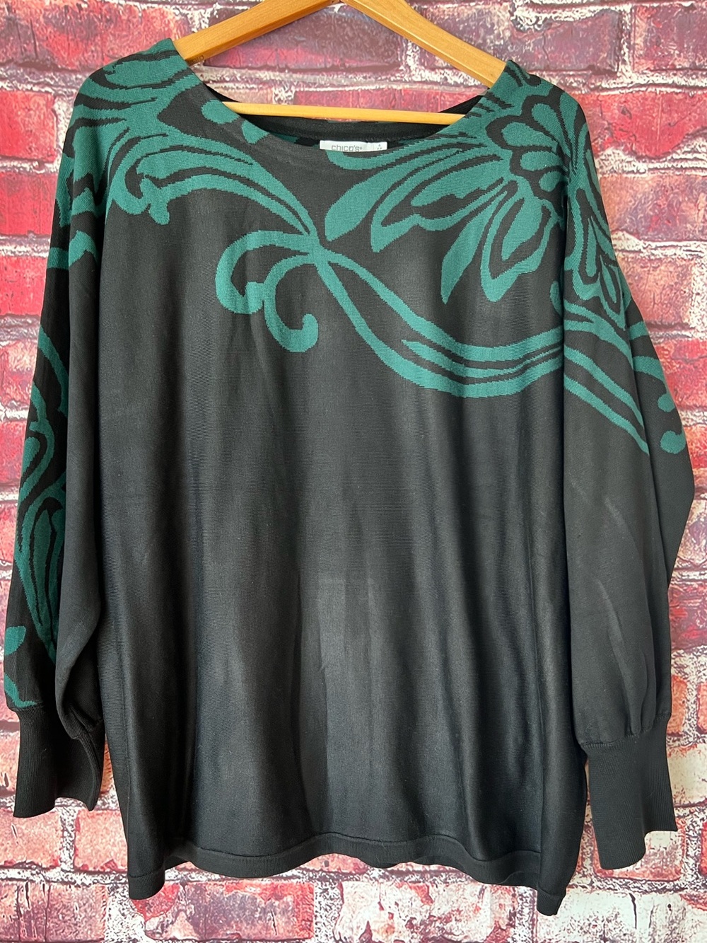Chico's Size 4 (XL) Black Teal Green Scroll Floral Dolman Sweater NWT